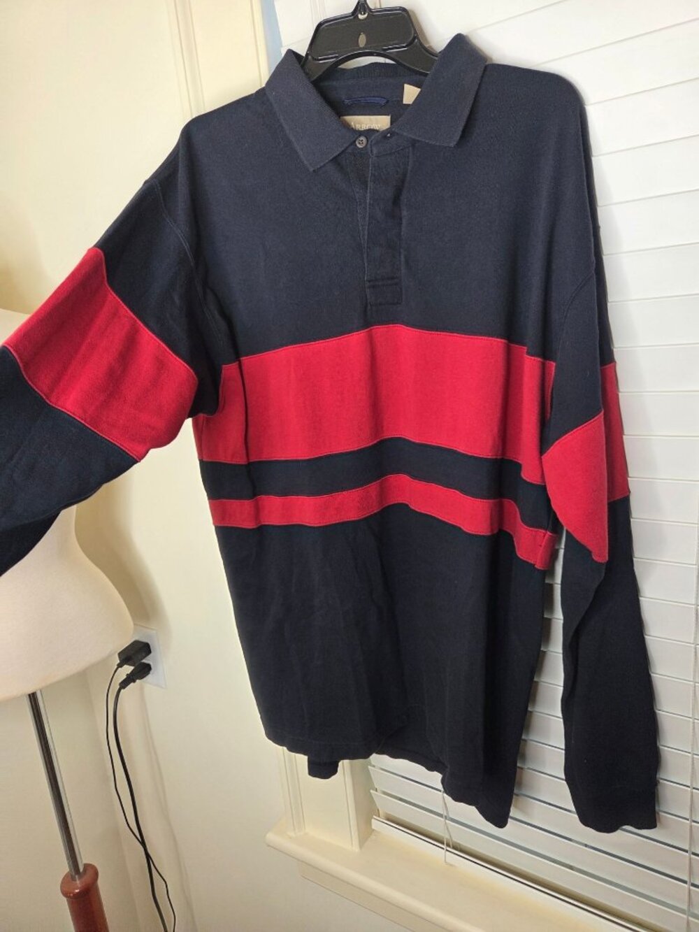 Arrow Mens LS Rugby Polo Shirt L Navy Red Color Block Stripe VTG Normcore bloke - Picture 2 of 7